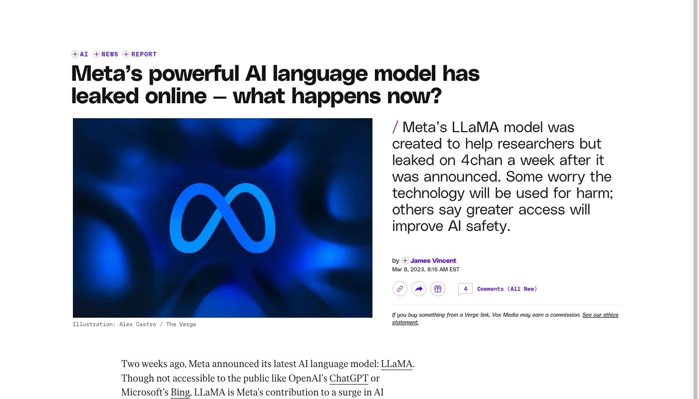 The Verge headline: Meta's powerful AI language model has leaked online