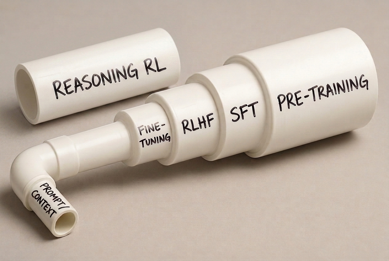 Training stages funnel: pre-training, SFT, RLHF, fine-tuning, prompt/context