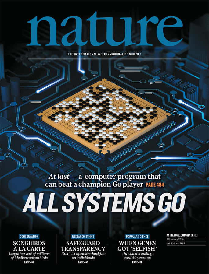 Nature cover reading 'ALL SYSTEMS GO' over a Go board, marking AlphaGo's arrival