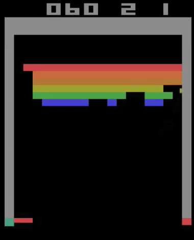 Atari Breakout: the DQN agent has dug a channel up one side of the brick wall so the ball loops along the top, clearing bricks on its own
